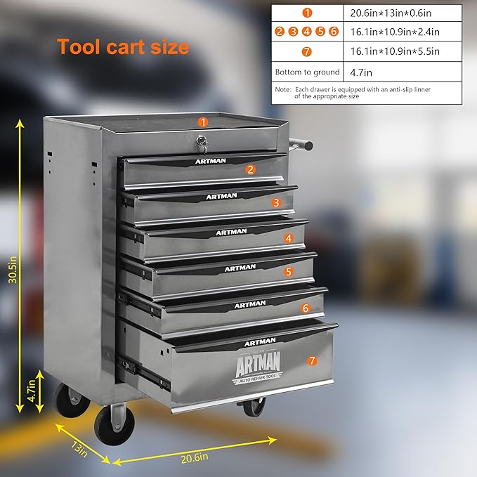 RYH 4-7 Drawers Rolling Tool Chest & Tool Box on Wheels | Heavy Duty Metal Cart with Ball Bearing Drawers | Fits US General Tool Box for Garage Storage (Silver, 6 Drawers£¨30.5 H ¡¿ 20.9 W ¡¿ 13 D)