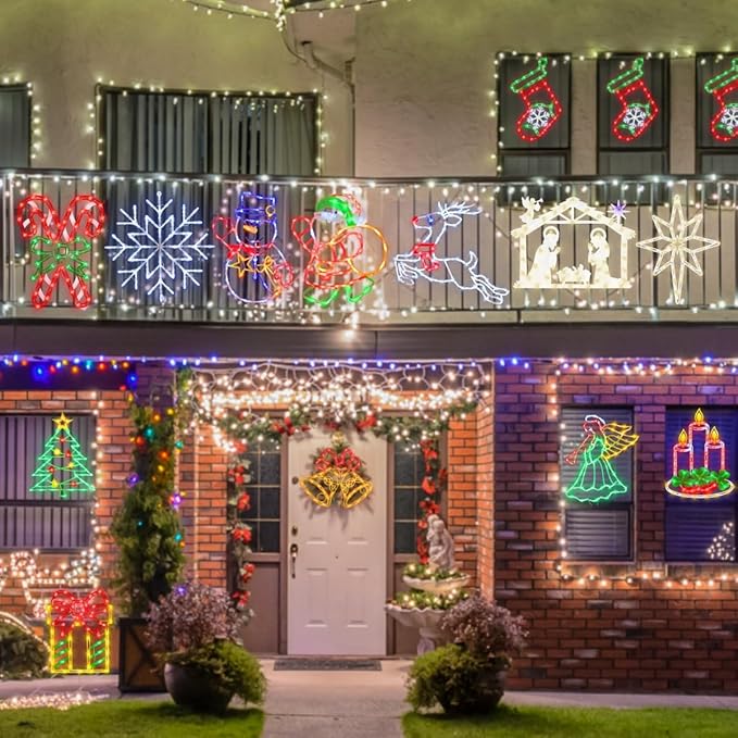 16" Christmas Window Silhouette Lights Decorations - 4 Pack Colour Lighted Angel ＆ Nativity ＆ Candle ＆ Bethlehem Star for Holiday Wall Door Window Decorate