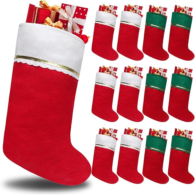 12 Pack Felt Christmas Stockings, 19 Inches Christmas Stockings Hanging Ornaments, White Cuff with Gold Trim Christmas Stockings for Family Christmas Holiday Decorations(6pcs Red+6pcs Green)
