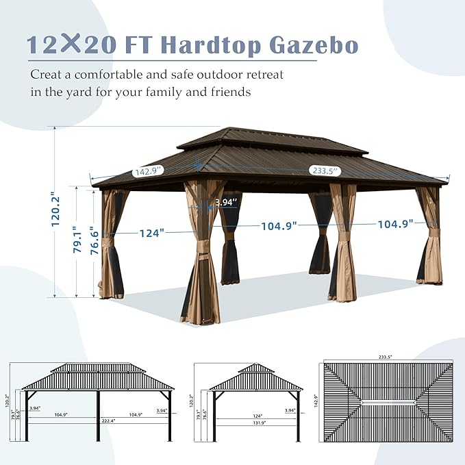 Domi Hardtop Gazebos 12x20FT, Aluminum Metal Gazebo with Galvanized Steel Double Roof Canopy, Curtain and Netting, Permanent Gazebo Pavilion for Patio, Backyard, Deck and Lawn, Brown