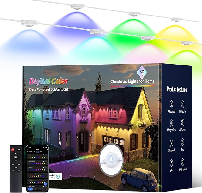 Isalelala Permanent Outdoor Lights, 50ft with 30 RGB LED Lights for Christmas and Daily, 49 Scene Modes+DIY for Christmat Decor, IP66 Waterproof for Outdoor, Compatible with Alexa, Google Assistant