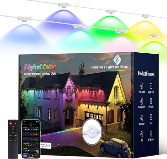 Isalelala Permanent Outdoor Lights, 50ft with 30 RGB LED Lights for Christmas and Daily, 49 Scene Modes+DIY for Christmat Decor, IP66 Waterproof for Outdoor, Compatible with Alexa, Google Assistant