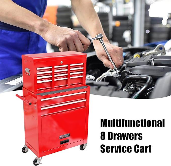 High Capacity Rolling Tool Chest with Wheels and 8 Drawers,Metal Storage Tool Cabinet W/Mobile Case,Pull Handle,4 Hooks,for Workshop Mechanics Garage,Red