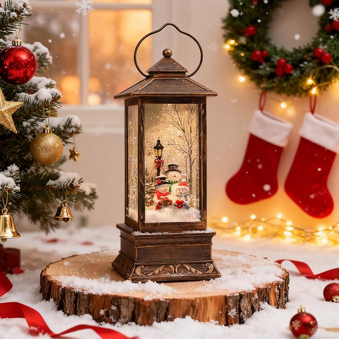 Snow Globe Lantern Christmas Table Decor with Santa Christmas Tree Lighted Scene Indoor Christmas Ornaments Decorations for Home Fireplace Mantle(Snowmen Family)