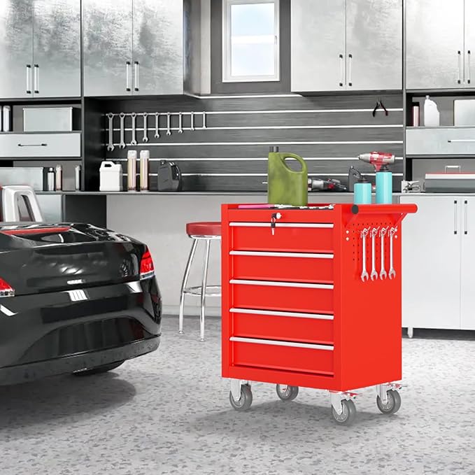 5 Drawers Rolling Tool Chest, Portable Storage Tool Box with Wheels, Tool Chest with Lock for Warehouse, Garage, Repair Shop and Tool Room (Red)