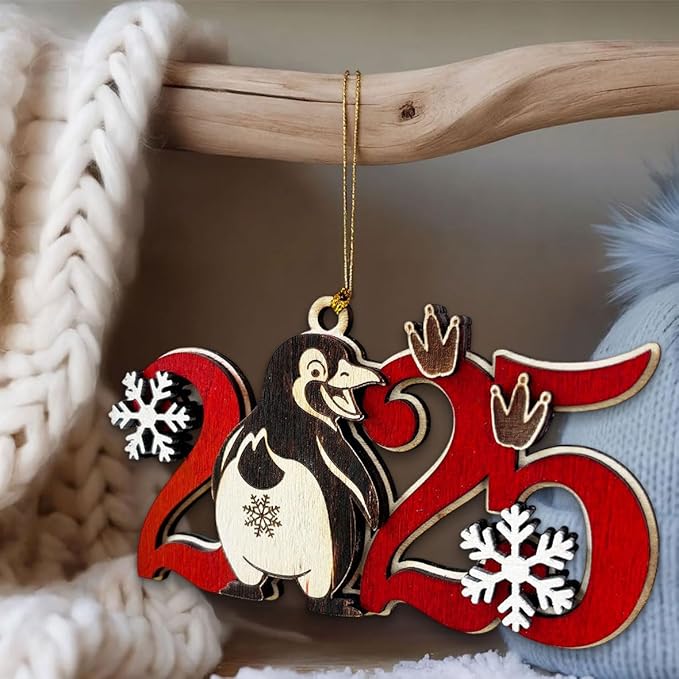 Penguin 2025 Wooden Christmas Tree Ornament – Cute Penguin Holiday Decoration, Winter Animal Ornament, Funny for Kids, Friends & Family, Festive Home Décor Keepsake