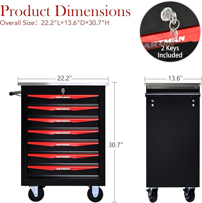 RYH 4/5/6/7 Drawers Rolling Tool Chest -Heavy Duty Mobile Metal Tool Box with Locking Wheels, with Stainless Steel Worktop, Garage Tool Storage Cabinet (Black, 7-Drawers 30.7 H¡¿22.2 W)