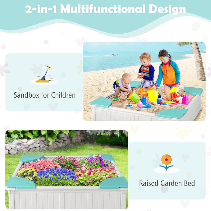 HONEY JOY 12.5 Kids Sandbox with Cover, 48 x 48 Inch Large HDPE Pit for Backyard, 4 Corner Seats & Bottom Liner, Sand Protection, All Weather Resistant Sand Boxes for Kids Outdoor (White)