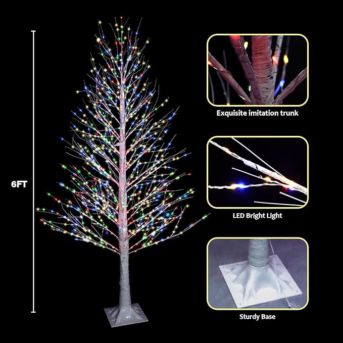 6FT 696LED Christmas Birch Tree Multicolor Lights with Twinkle, Twinkling or Steady Function for Selected, Birch Tree with Led Lights for Indoor Outdoor Home Party Decorations