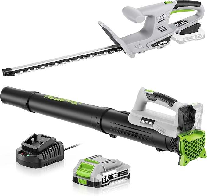 Cordless Leaf Blower and Hedge Trimmer Combo 21V Ultra-Lightweight 3lbs 400CFM/130MPH Blower, 18 Blade & 5/8'' Cutting Bush Trimmer with 2.0Ah Battery and Fast Charger, Ideal for Homeowners & Seniors