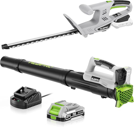Cordless Leaf Blower and Hedge Trimmer Combo 21V Ultra-Lightweight 3lbs 400CFM/130MPH Blower, 18 Blade & 5/8'' Cutting Bush Trimmer with 2.0Ah Battery and Fast Charger, Ideal for Homeowners & Seniors