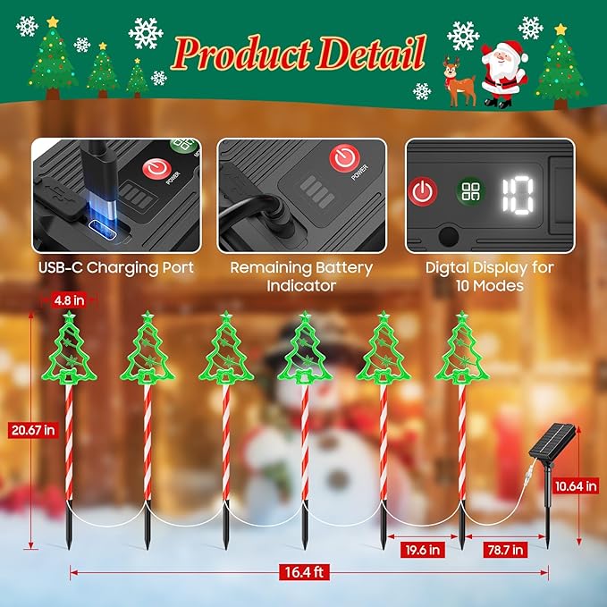 12 Pack Christmas Decorations Outdoor, Solar Christmas Tree Lights with 156 Bright LED and 10 Lighting Modes, 7 Colorful Waterproof Xmas Decor for Pathway Yard