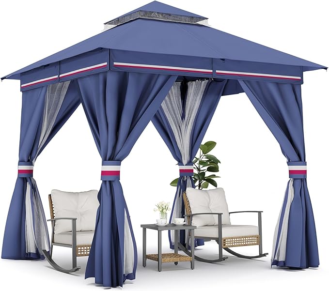 LAUSAINT HOME Semi-Permanent Patio Gazebo 8'x8' with Expansion Bolts, Outdoor Heavy Duty Party Tent with Double Roofs, Mosquito Nettings and Privacy Screens for Backyard, Garden, Lawn, Navy Blue