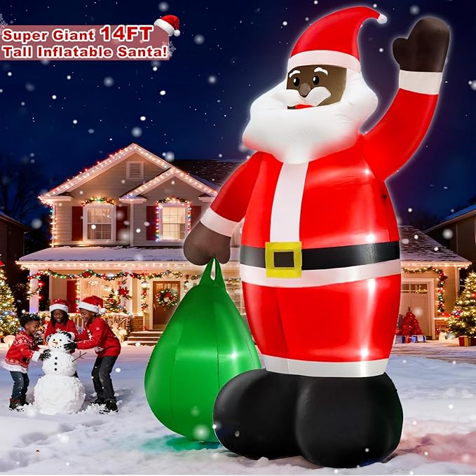 14 Ft by 8.5 Ft Giant Christmas Inflatable Black Santa Holding Gift Bag, African American Christmas Decorations, Blow up Xmas Decor Built in LED Lights for Yard Lawn Garden