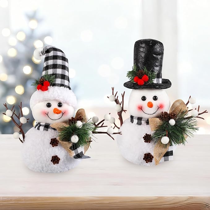 Black and White Plaid Snowman Decor (2-Piece Set) - Winter Christmas Plush Dolls for Tiered Tray, Mantel, or Tabletop Display, Indoor Home Decor