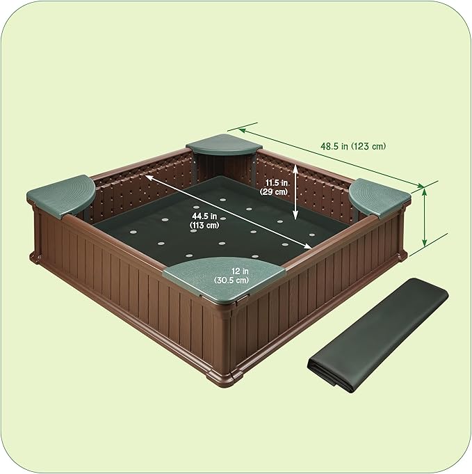 Badger Basket 2 in 1 Sandbox & Garden Planter - Easy Assembly Outdoor Sensory Play and Planting Box - Durable Woodgrain Plastic with Cover & Liner - (48.75 x 48.75 x 12.01)