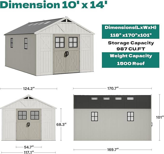 Devoko 10 x 14 FT Resin Outdoor Storage Shed, Extra Large Plastic Shed with Skylight, Floor and Lockable Door, Storage Bike, Tools, Lawn Mower for Garden, Backyard, Patio, Beige