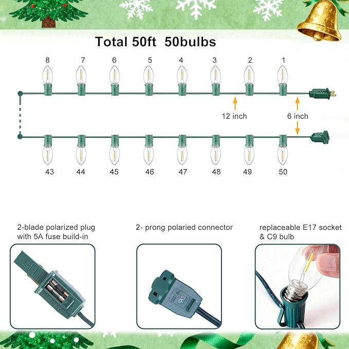 C9 LED Outdoor Christmas Lights,C9 String Lights with Quick Clips,for Xmas House Roof Gutter,Plug in & Connectable,50FT 50 Light,Warm White