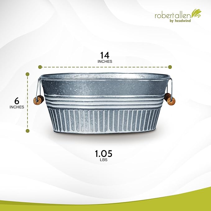 Headwind Vintage Collection 14-Inch Oval Galvanized Tub with Handles – Metal Wash Basin Planter - Galvanized Metal Tub for Indoor & Outdoor Use by Robert Allen