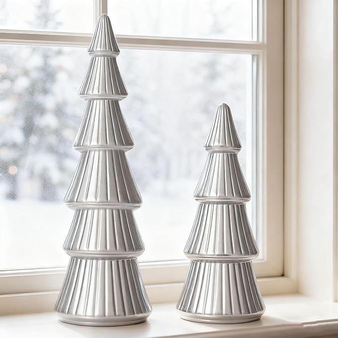WONDROUS' DECO Wooden Christmas Tree Figurine, Tabletop Silver Tree Figurine, Set of 2 Desk Centerpieces for Christmas Decor