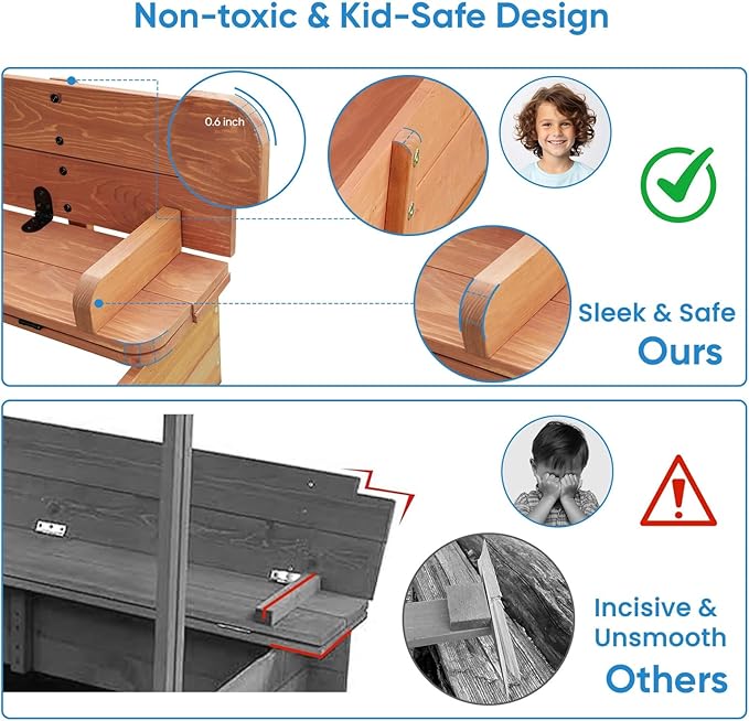 Wooden Kids Sandbox with Lid Sand Box with Cover for Outdoor with Canopy Ages 4-8, Sand Pit with 2 Foldable Bench Adjustable Roof Bottom Liner