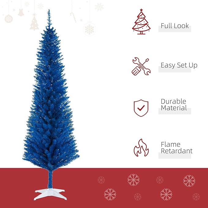 HOMCOM 6' Artificial Pencil Christmas Tree, Slim Xmas Tree with 390 Realistic Branch Tips and Plastic Stand, Blue