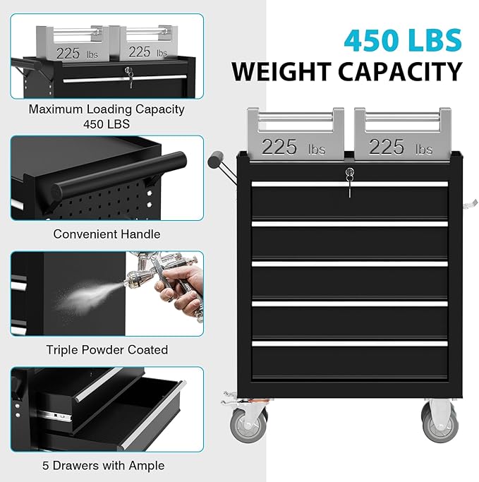 5 Drawers Rolling Tool Chest, Portable Storage Tool Box with Wheels, Tool Chest with Lock for Warehouse, Garage, Repair Shop and Tool Room (Black)