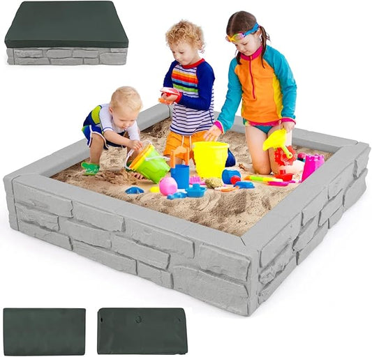 HONEY JOY Sandbox with Cover, 47 x 47 Inch Square Sand Pit for Backyard, Bottom Drainage Oxford Liner, HDPE Playful All Weather Resistant Sand Boxes for Kids Outdoor with Lid (Gray)