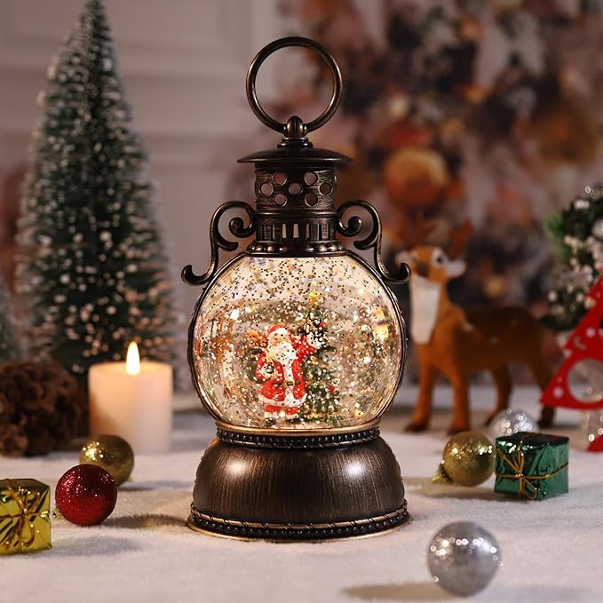 Snow Globe Lighted Christmas Decorations,Christmas Snow Globe Lantern with Musical, Retro Style Holiday Glitter Globe for Xmas Home Decoration Gifts