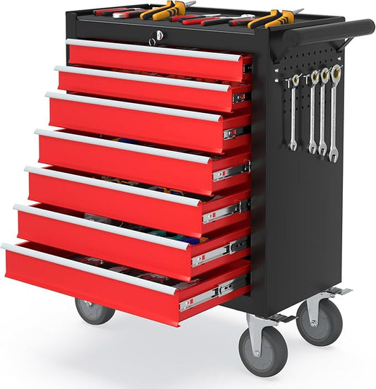 7 Drawers Rolling Tool Box, Portable Storage Tool Chest with Wheels, Toolbox with Lock for Warehouse, Garage, Repair Shop and Tool Room (BlackRed)