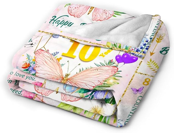 10th Birthday Gifts for Girls, Birthday Gift for 10 Year Old Girl, Super Soft Unique Funny Pink Butterfly Flower Blanket for Girls, Gifts for 10 Year Old Girl, Warm Cozy Plush Fuzzy Blanket 60"x50"