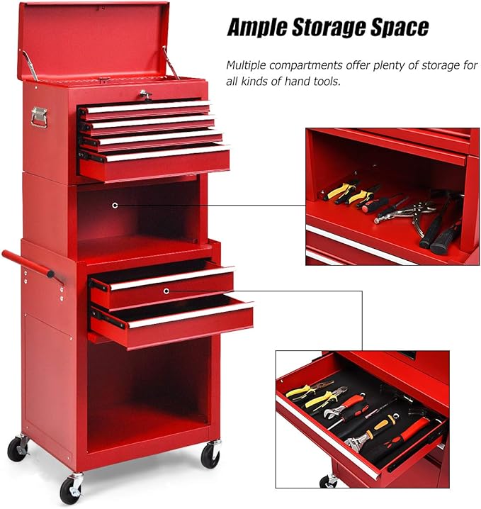 S AFSTAR 6-Drawer Rolling Tool Chest, High Capacity Tool Storage Cabinet with Wheels and Locking System, Removable Toolbox Organizer with Sliding Drawers (Red)