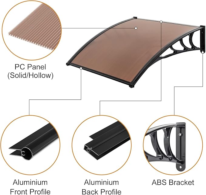 Window Awning Door Canopy Exterior- 40" x 40" Aluminum Door Awning, Polycarbonate Cover Patio Canopy Awning for House, Outside, Rain Snow & UV Resistant (Brown Board & Black Bracket)