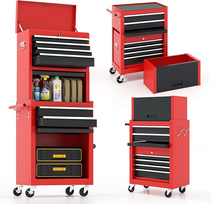 ARNOT 2-in-1 Rolling Tool Chest with 5 Drawers, Heavy-Duty Metal Tool Box with Wheels, Detachable Top Tool Box & Rolling Tool Cabinet for Garage, DIY (6-Drawers Whith Middle Box, Red+Black)