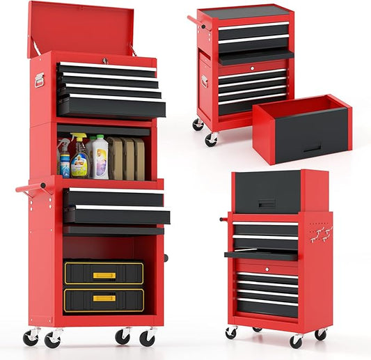 ARNOT 2-in-1 Rolling Tool Chest with 5 Drawers, Heavy-Duty Metal Tool Box with Wheels, Detachable Top Tool Box & Rolling Tool Cabinet for Garage, DIY (6-Drawers Whith Middle Box, Red+Black)