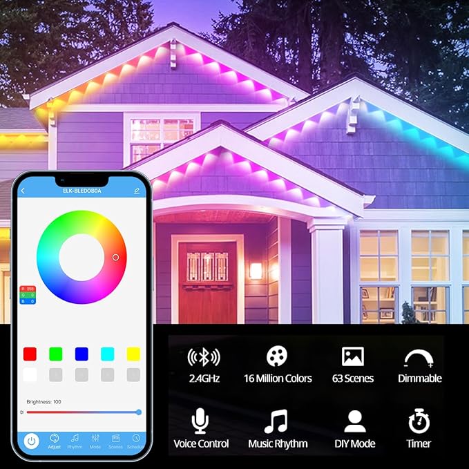 Permanent Outdoor Lights,50ft Smart RGB LED Outdoor Light Strip with Remote APP Control,IP67 Waterproof Christmas Fairy Lights for Christmas Decor,Halloween,Holiday,Party, House Outside Decor