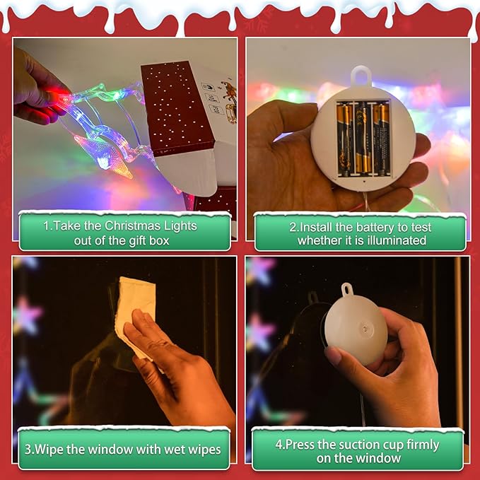 3Pcs Christmas Window Lights Decorations with Timer, Battery Powered Christmas Window Hanging Multicolor String Lighted Tree Bell Star Shaped LED Sucker for Xmas Window Fireplace Indoor Decor