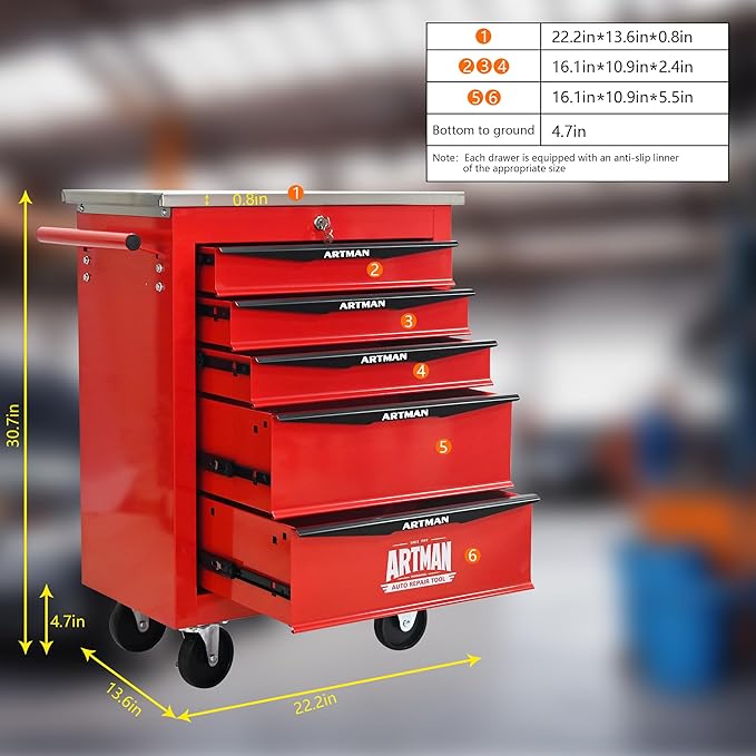 RYH 4/5/6/7 Drawers Rolling Tool Chest -Heavy Duty Mobile Metal Tool Box with Locking Wheels, with Stainless Steel Worktop, Garage Tool Storage Cabinet (Red, 5-Drawers 30.7 H¡¿22.2 W)