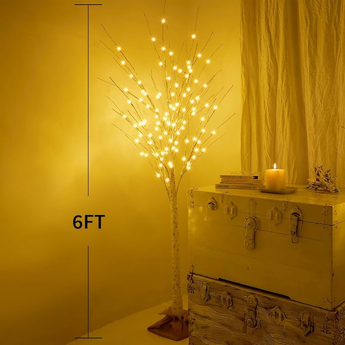 Lighted Brich Tree, 6FT 128 LED Christmas Tree with Burlap Decor, Warm White, IP44 Waterproof, Power Supply by Adaptor, Fireplace Party Wedding Halloween Christmas New Year's Decoration