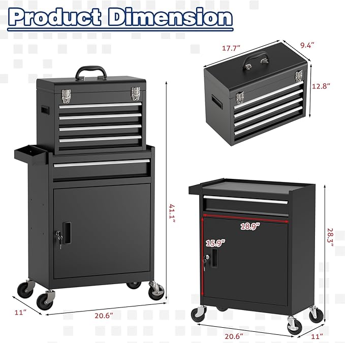 Rolling Tool Box with Wheels, 5-Drawer High Capacity Tool Chest with Wheels, Removable Storage Toolbox with Lock for Garage, Workshop (Black)