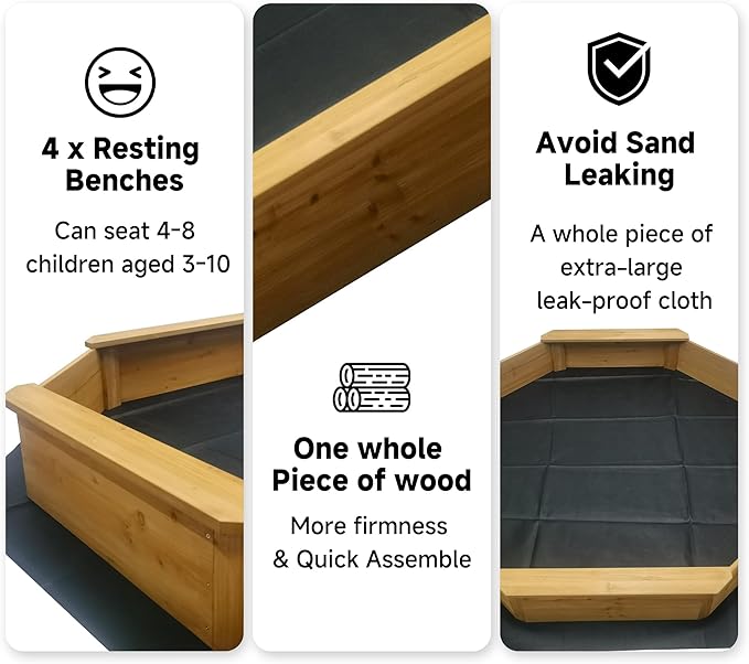 68x68x8.4 Kid's Octagonal Wooden Outdoor Sandbox,Large Natural Wooden Sandpit with 4 Benches, Bottom Liner,Sand Box for Backyard, Patio, Outdoor Play Sand Box for Kids Ages 4-8