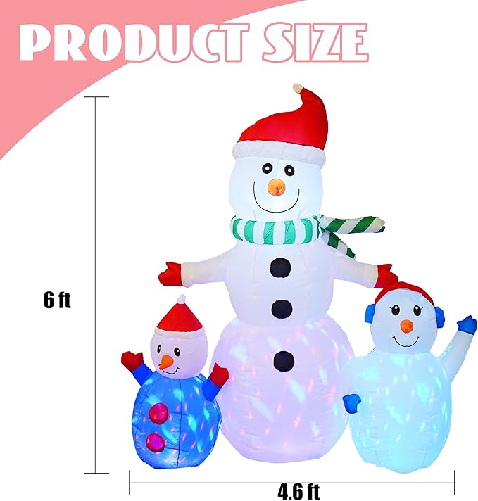 Hourleey 6 FT Christmas Inflatable Snowman Outdoor Decorations, Blow up Snowman Built-in Colorful Rotating LED, Waterproof Christmas Decoration for Yard Garden Lawn Xmas Holiday Decor