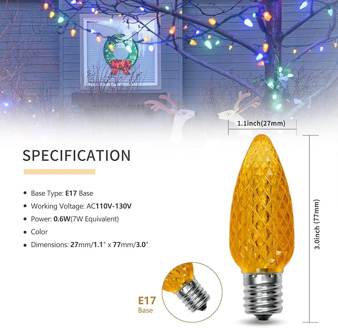 25PACK Multicolor C9 LED Christmas Lights Replacement Bulbs，Shatterproof & Waterproof Plastic C9 Led Bulbs for Outdoor String Lights, E17 Base, 0.6W Equivalent to 7W, 50LM Holiday Decoration