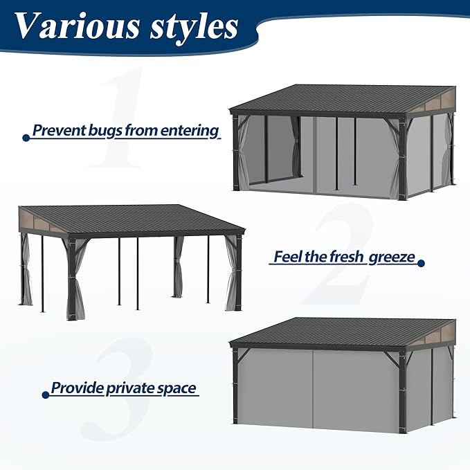 COVERONICS 12' X 16' Outdoor Lean to Gazebo - Wall-Mounted Aluminum Frame Gazebo with Slope Metal Roof, Patio Heavy-Duty Lean to Pergola with Netting & Curtains for Garden, Backyard, Deck