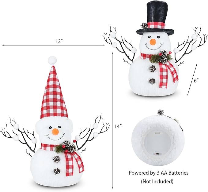 2 Pack Red and White Christmas Table Decor, 14" Lighted Plush Christmas Snowman Decorations, Light Up Snowman Holiday Present, Table Mantel Desk Fireplace Shelf Home Minimalist Decor