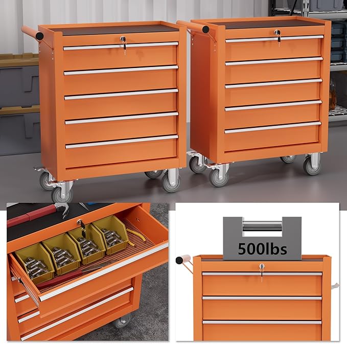 5-Drawer Tool Chest,Rolling Tool Cart with Wheels,High Capacity Tool Cabinet with Locking System for Garage, Warehouse, Workshop-Orange