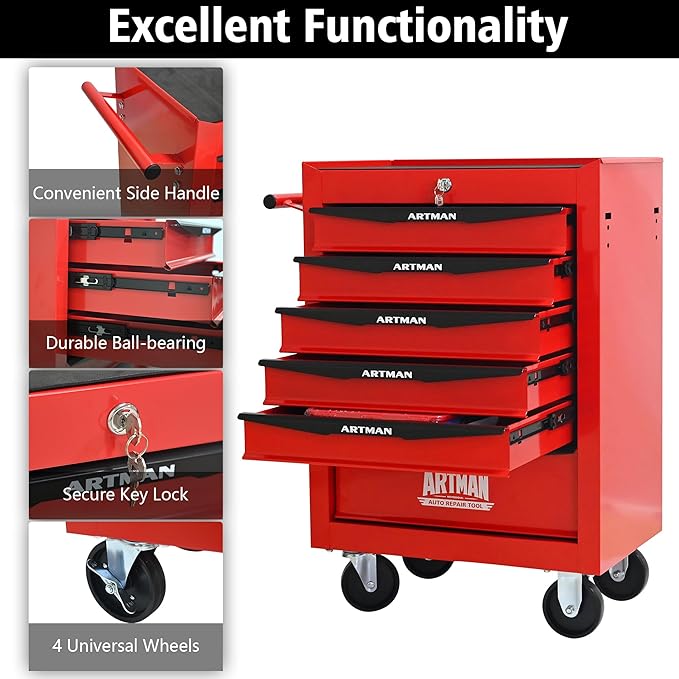 RYH 6 Drawers Rolling Tool Chest - Heavy Duty Mobile Tool Cart with Locking Wheels & Ball Bearing Drawers, 30.5 H x 20.9 W x 13 D Garage Tool Storage Cabinet (Red, 6 Drawers)