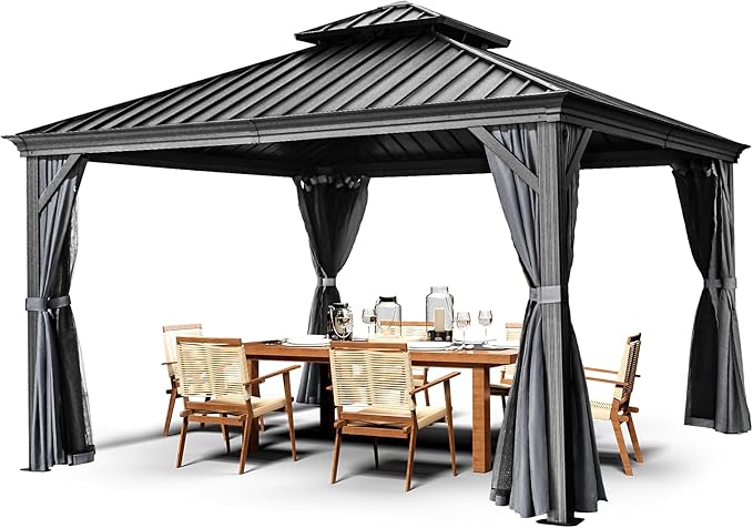 HAPPATIO 12' x 12' Hardtop Aluminum Gazebo with Galvanized Steel, Double Roof Permanent Patio Metal Canopy with Netting and Curtains for Garden, Lawns, Parties (Grey)