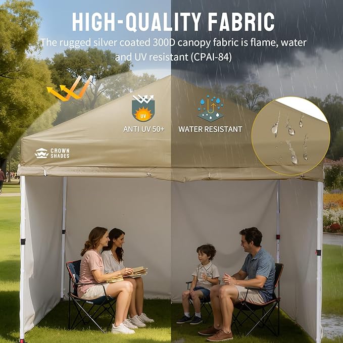 CROWN SHADES 10X10 Comercial Instant Canopy Pop Up Tent with Center Lock (10x10 with 4 Sidewalls, Beige)
