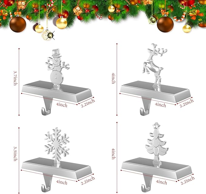 Stocking Holders for Mantle and Garland Hanger, 4-Pack Metal Christmas Stocking Hooks, Ideal for Christmas Celebrations, Festive Home Decorations, and Party Supplies